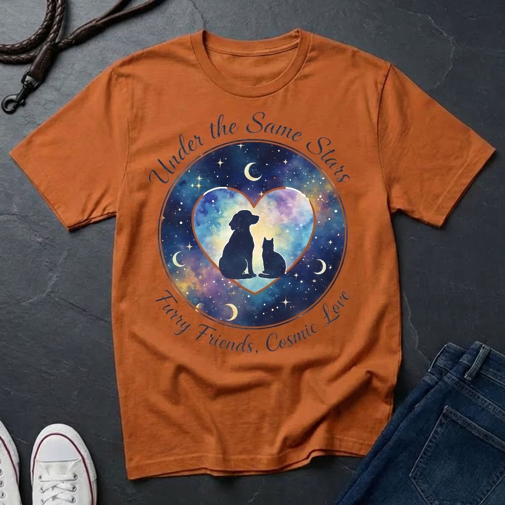 Under the Same Stars Cosmic Love Graphic Pop Art Shirt — Dog & Cat Friendship Tee - Comfort Colors 1717