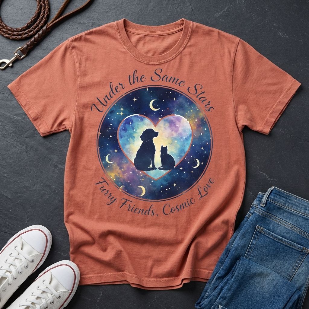 Under the Same Stars Cosmic Love Graphic Pop Art Shirt — Dog & Cat Friendship Tee - Comfort Colors 1717