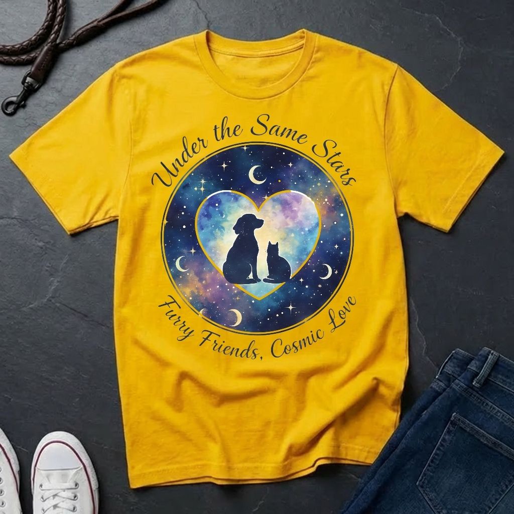 Under the Same Stars Cosmic Love Graphic Pop Art Shirt — Dog & Cat Friendship Tee - Comfort Colors 1717