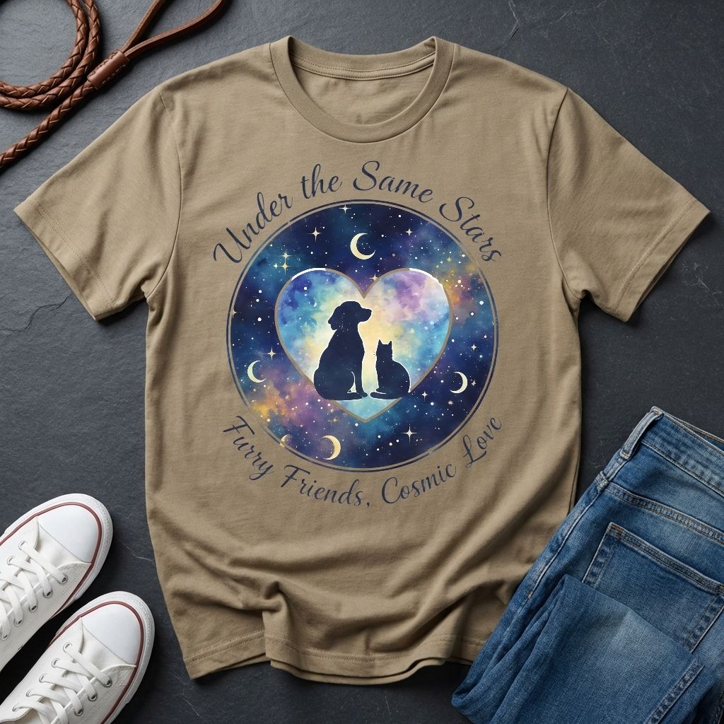 Under the Same Stars Cosmic Love Graphic Pop Art Shirt — Dog & Cat Friendship Tee - Comfort Colors 1717