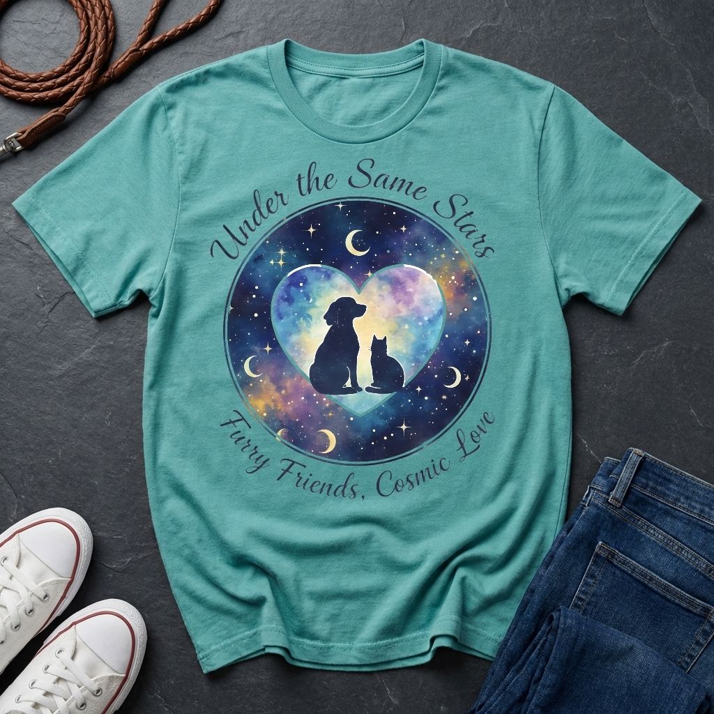 Under the Same Stars Cosmic Love Graphic Pop Art Shirt — Dog & Cat Friendship Tee - Comfort Colors 1717