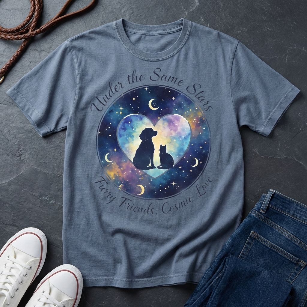 Under the Same Stars Cosmic Love Graphic Pop Art Shirt — Dog & Cat Friendship Tee - Comfort Colors 1717