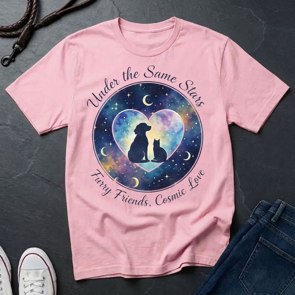 Under the Same Stars Cosmic Love Graphic Pop Art Shirt — Dog & Cat Friendship Tee - Comfort Colors 1717