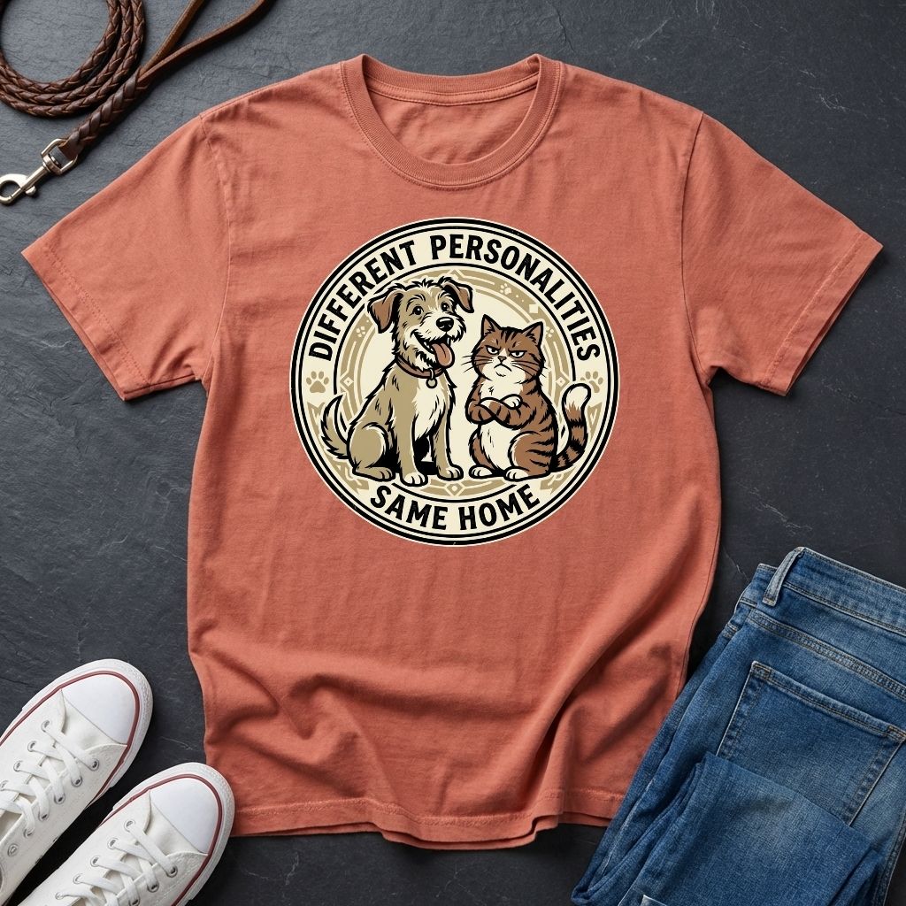 Different Personalities Same Home Graphic Pop Art Shirt — Dog & Cat Matching Tee - Comfort Colors 1717