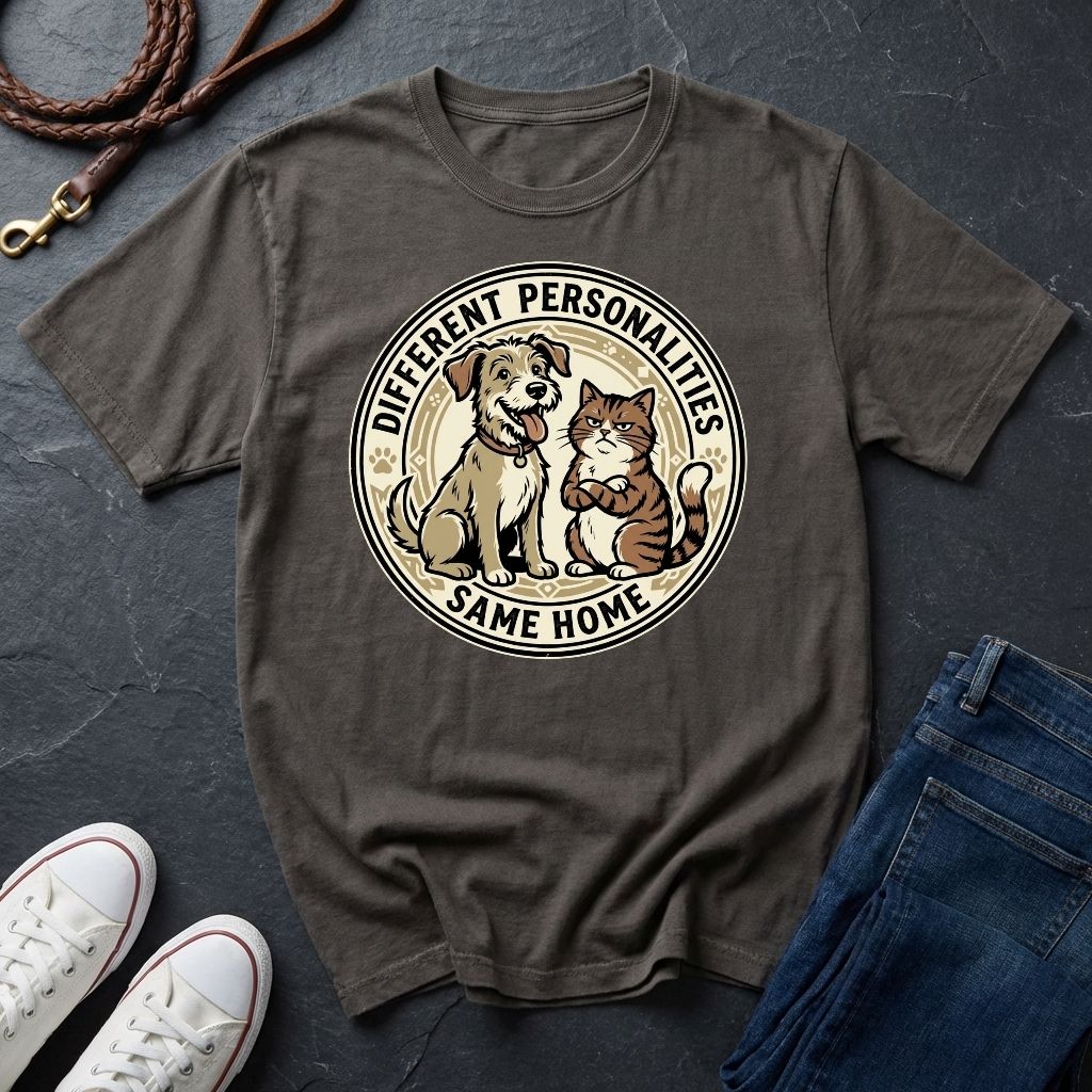 Different Personalities Same Home Graphic Pop Art Shirt — Dog & Cat Matching Tee - Comfort Colors 1717