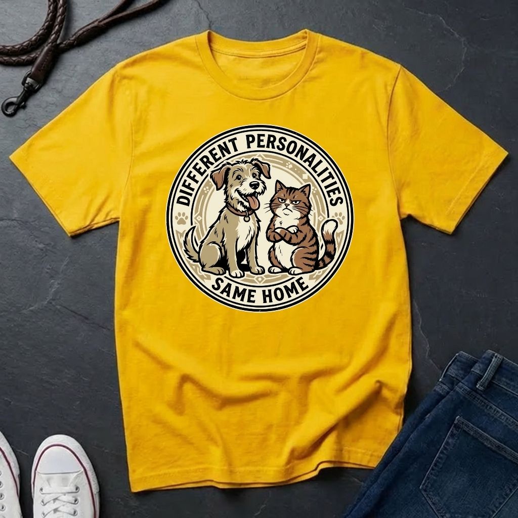 Different Personalities Same Home Graphic Pop Art Shirt — Dog & Cat Matching Tee - Comfort Colors 1717