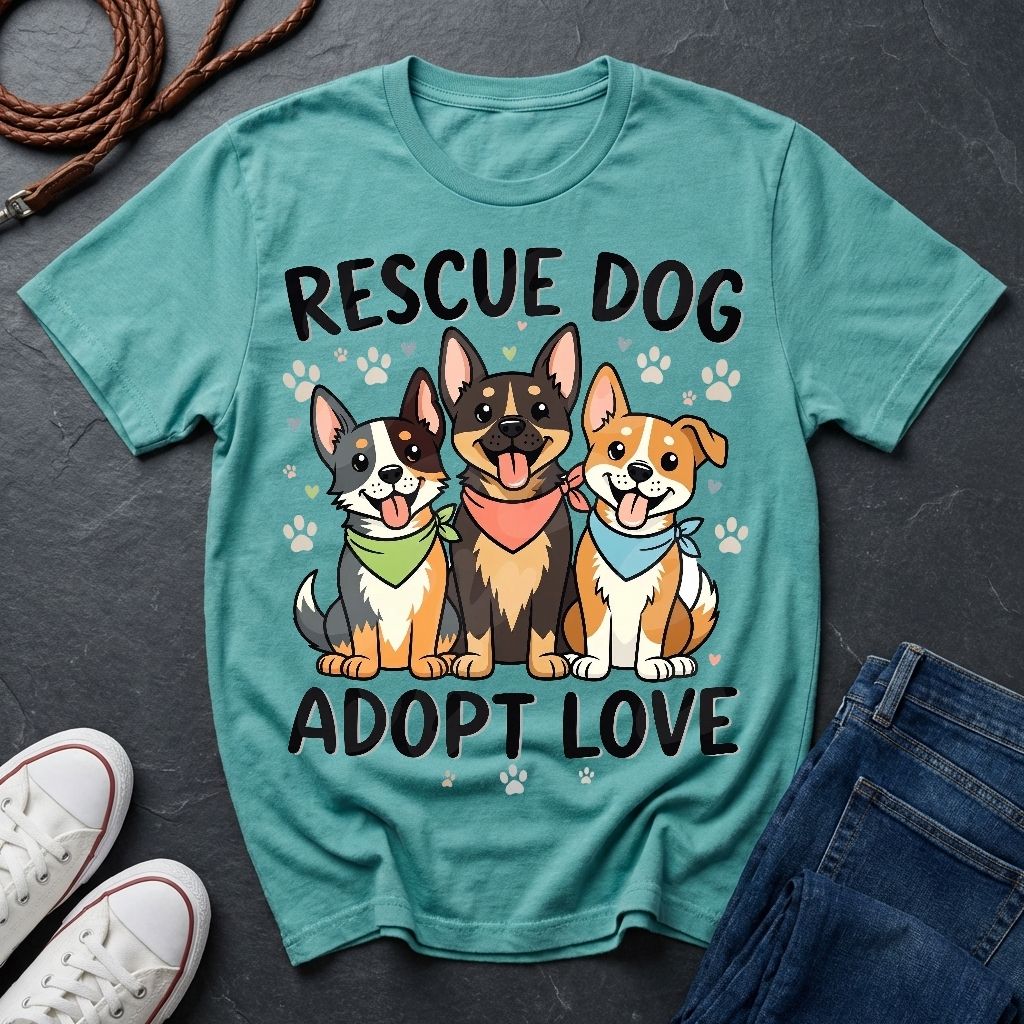 Rescue Dog Adopt Love Graphic Pop Art Shirt — Three Dogs with Bandanas Tee - Comfort Colors 1717