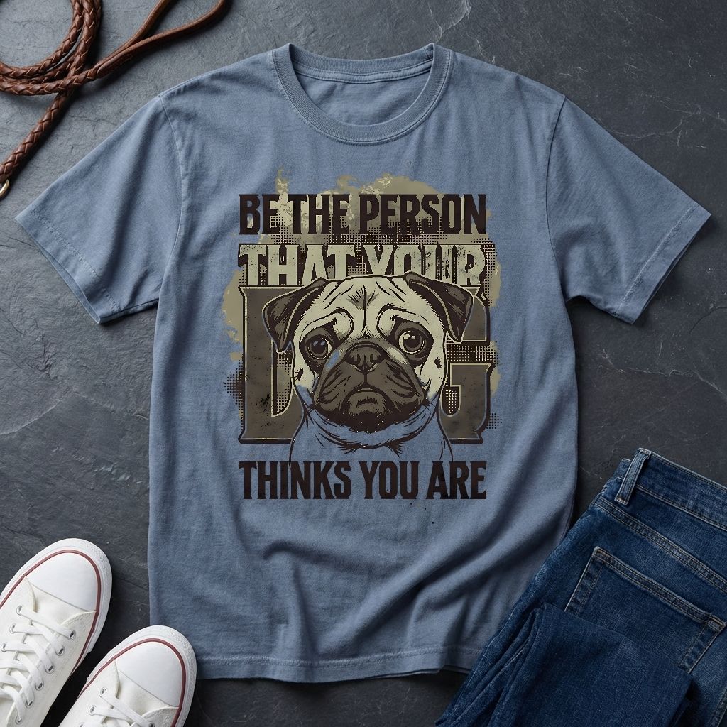 'Be The Person Your Dog Thinks You Are' Pug Shirt — Graphic Art Dog Mom Tee — Comfort Colors 1717