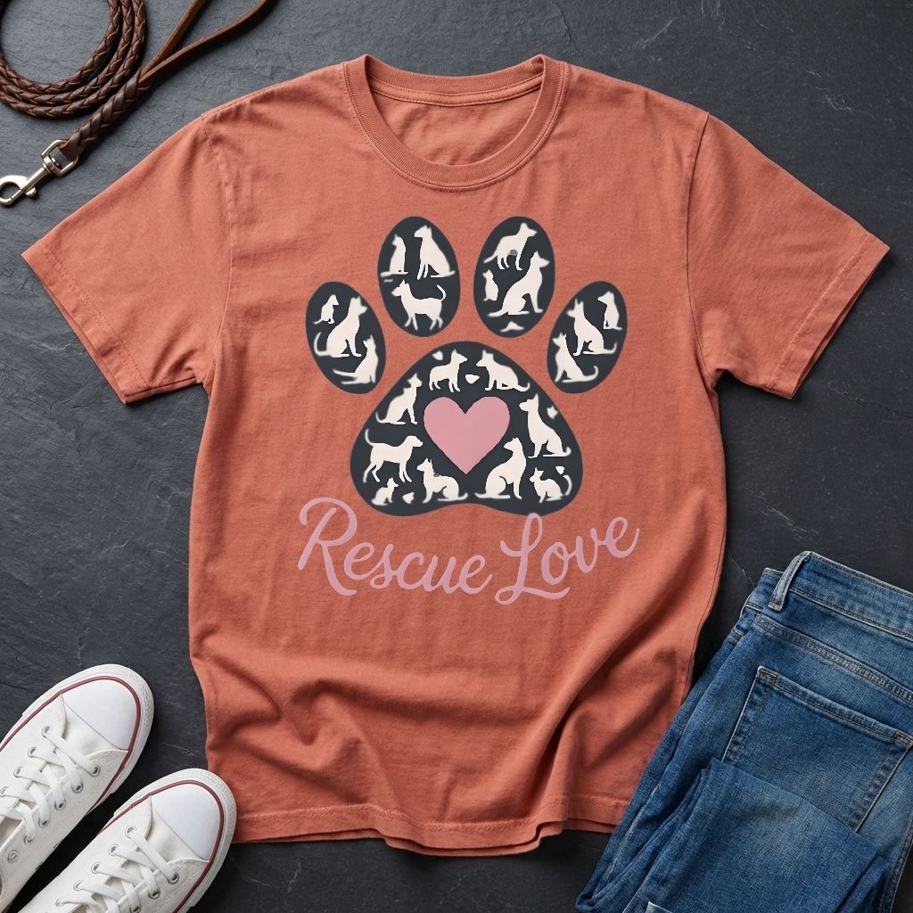 Rescue Love Paw Print T-Shirt — Animal Rescue Comfort Colors Tee
