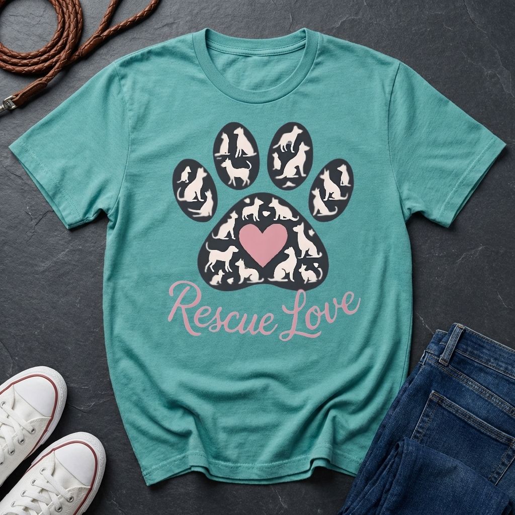 Rescue Love Paw Print T-Shirt — Animal Rescue Comfort Colors Tee