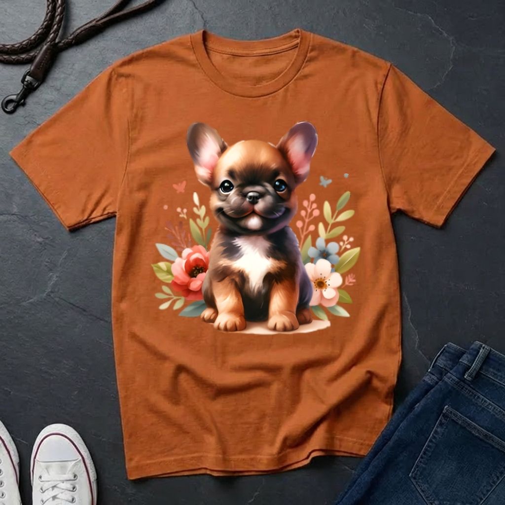 Brown t-shirt with a dog graphic on a dark surface