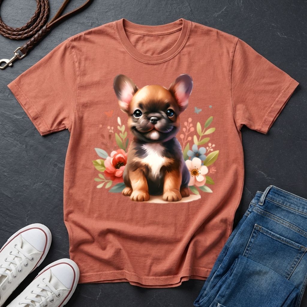 Brown t-shirt with a dog graphic on a dark surface with shoes and jeans.