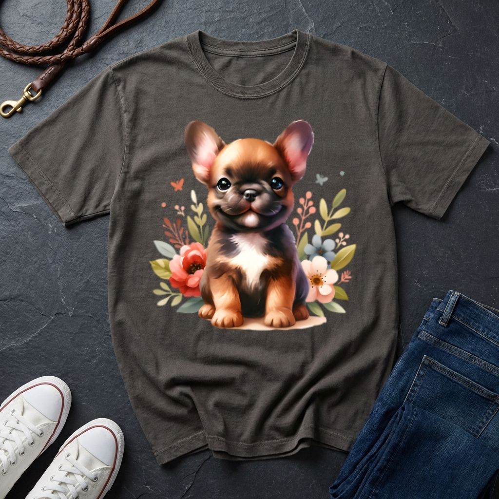 Gray t-shirt with a dog graphic on a dark surface with shoes and jeans.