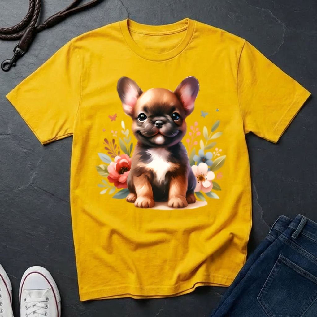 Yellow t-shirt with a puppy graphic on a dark surface