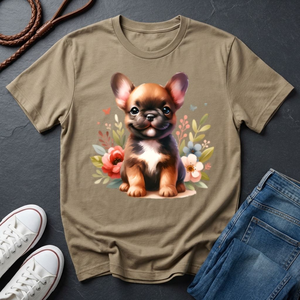 Khaki t-shirt with a puppy graphic on a dark surface with shoes and jeans.
