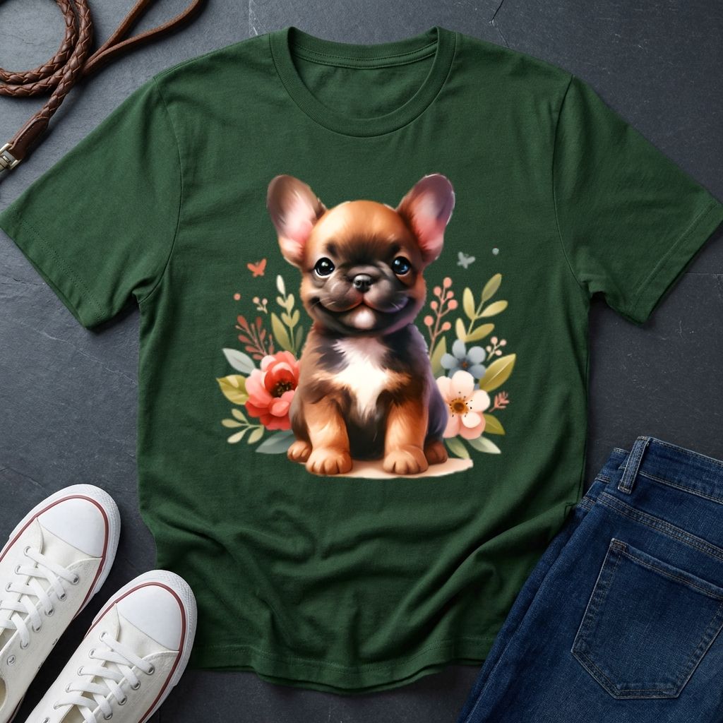 Green t-shirt with a dog graphic on a dark surface with shoes and jeans.