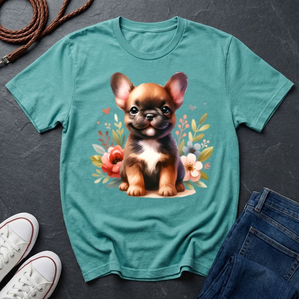 Teal t-shirt with a dog graphic on a dark surface with shoes and jeans.