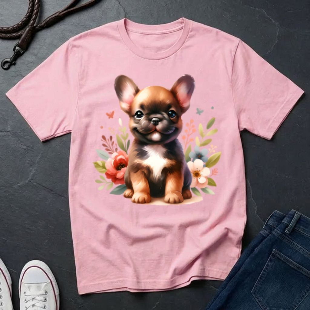 Pink t-shirt with a dog graphic on a dark surface