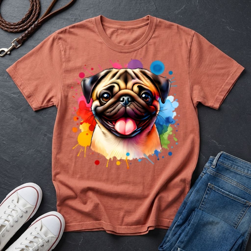 Brown t-shirt with a colorful pug design on a dark surface with shoes and jeans.