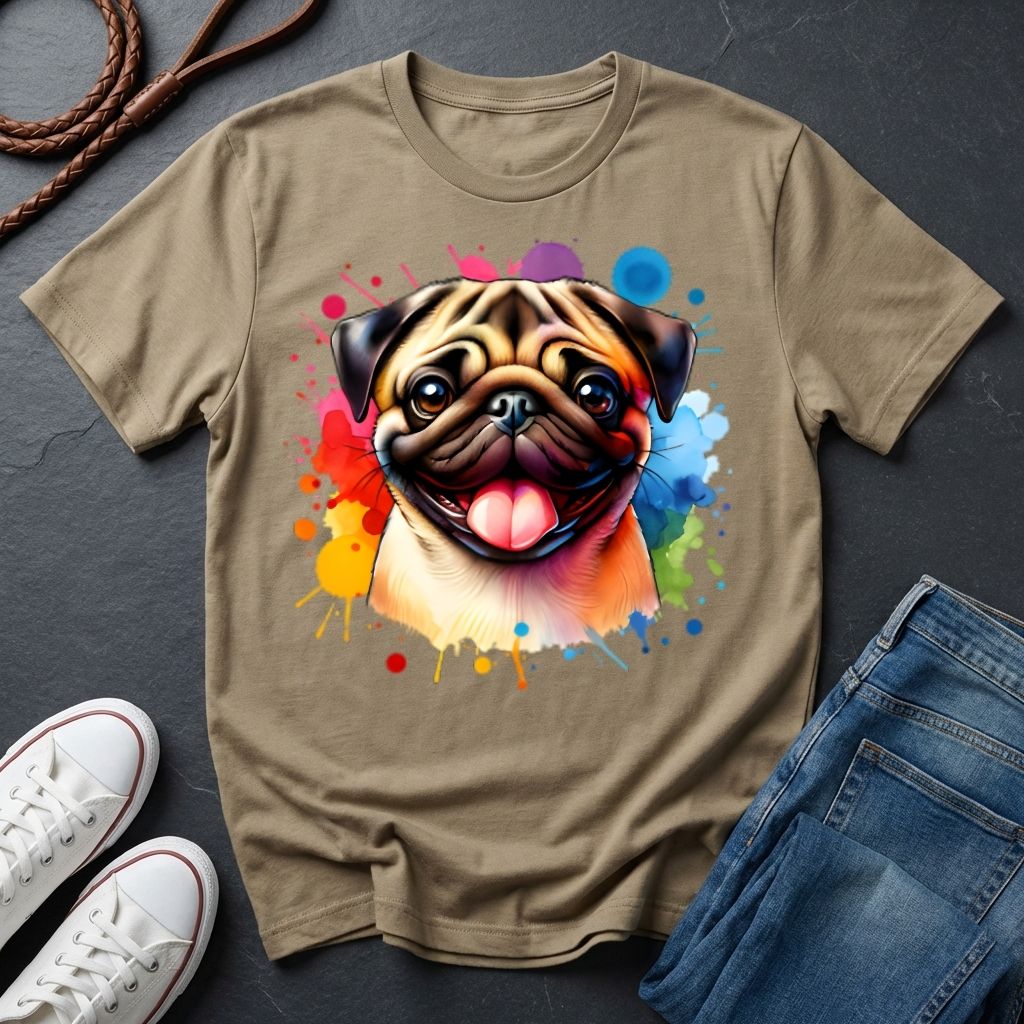 Beige t-shirt with a colorful pug design on a dark surface with shoes and jeans.