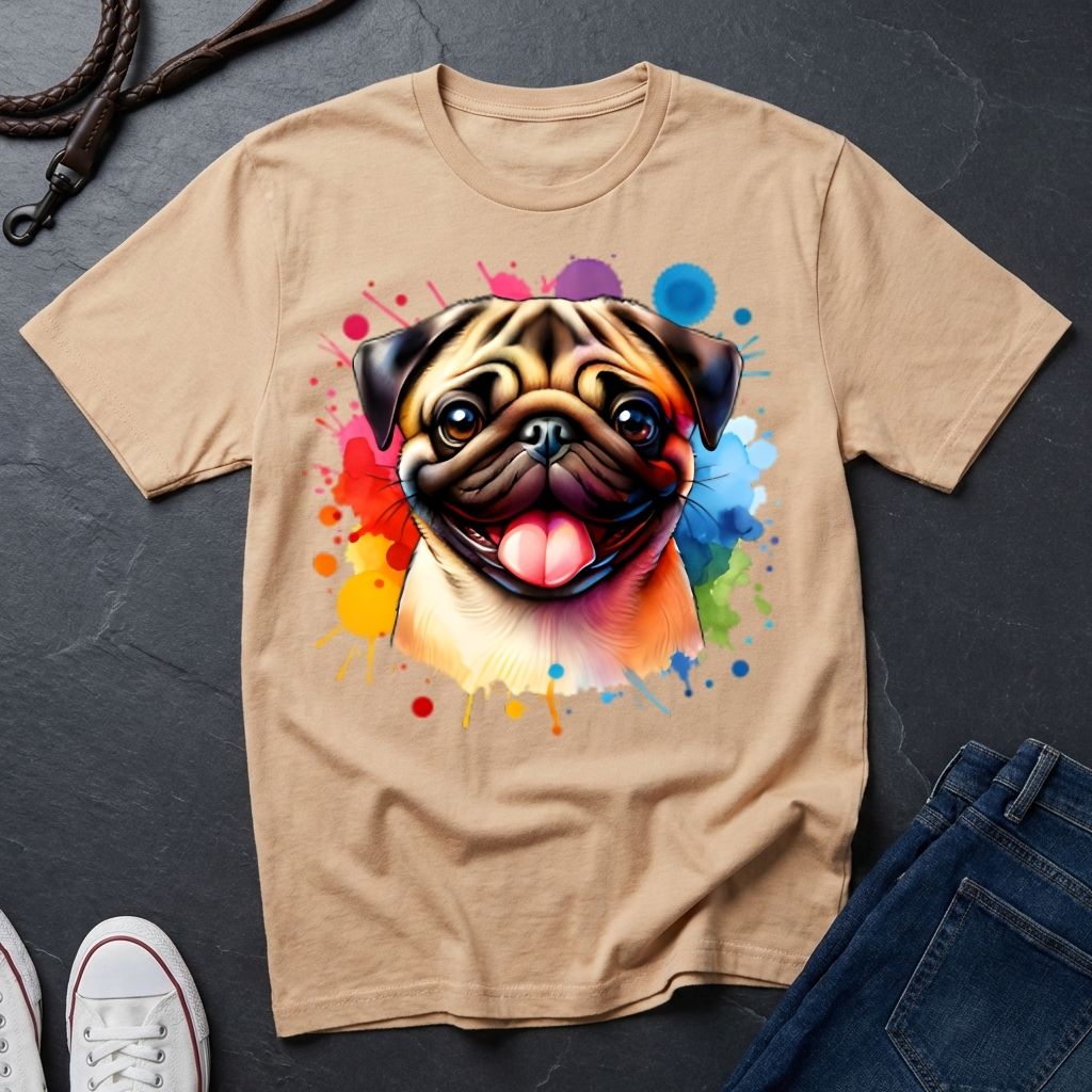 Pug Portrait Watercolor T-Shirt — Colorful Dog Graphic Tee - Comfort Colors 1717