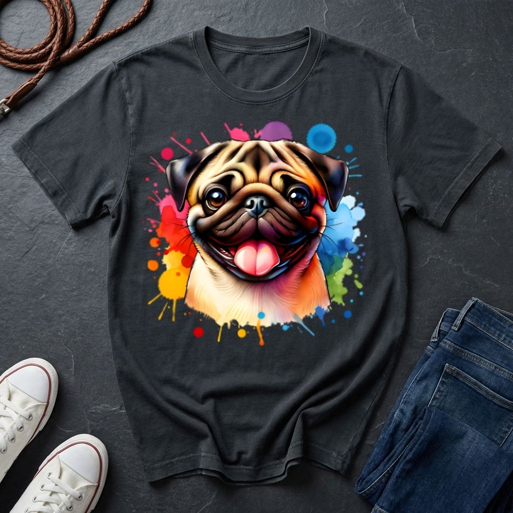 Black t-shirt with a colorful pug design on a dark surface with shoes and jeans.