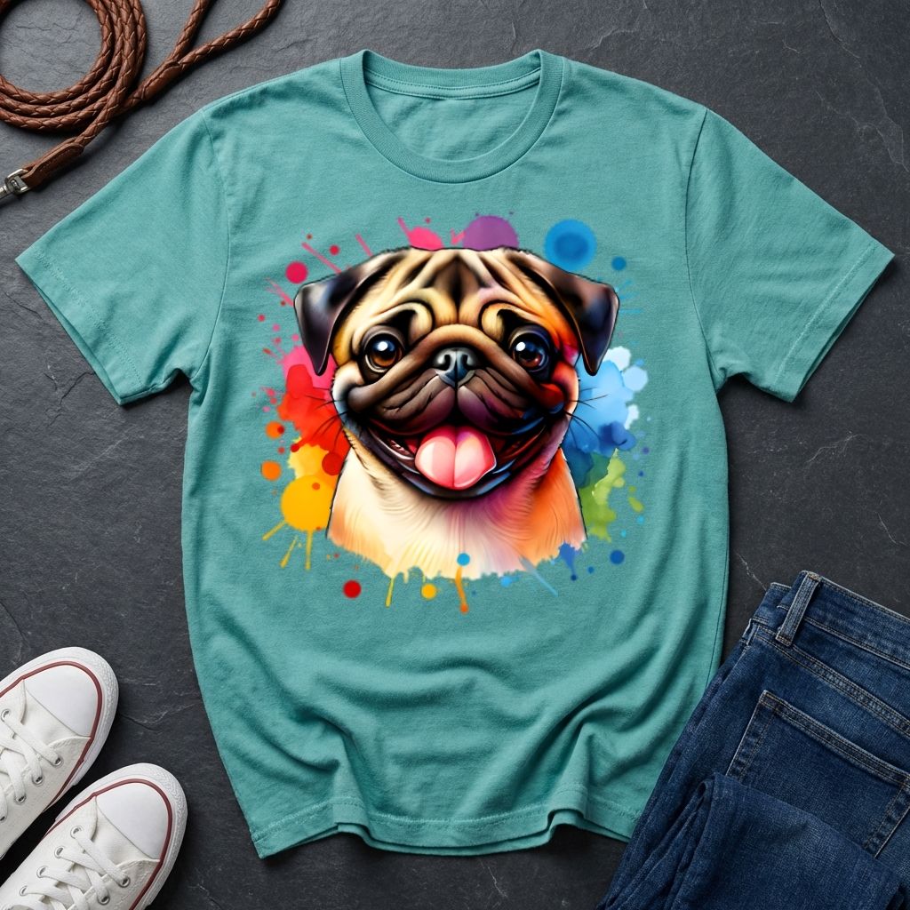Teal t-shirt with a colorful pug design on a dark surface with shoes and jeans.