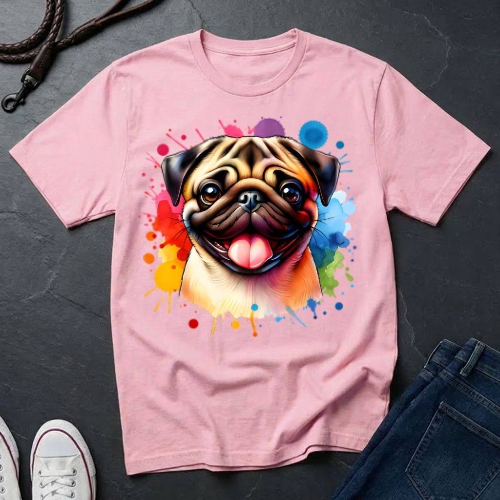 Pink t-shirt with a colorful pug design on a dark surface