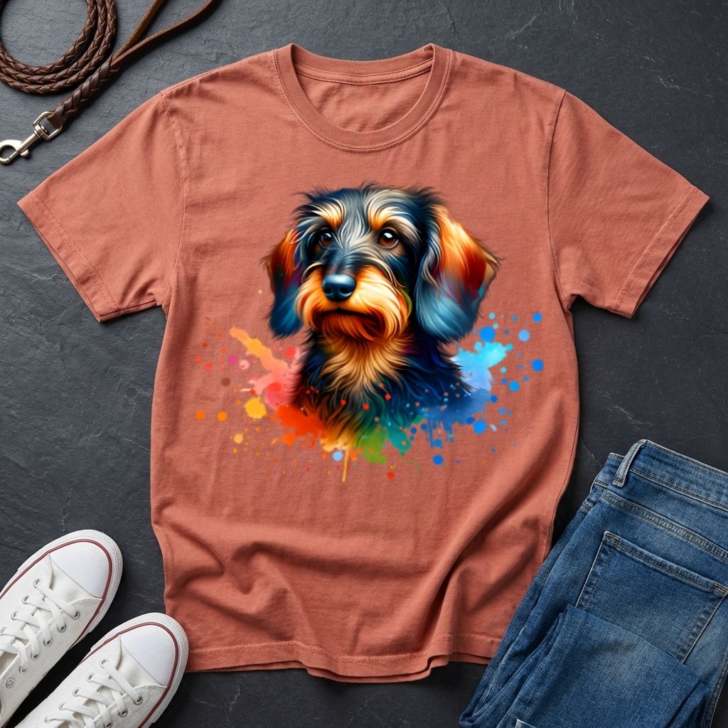 Brown t-shirt with a colorful dog graphic on a dark surface with shoes and jeans.