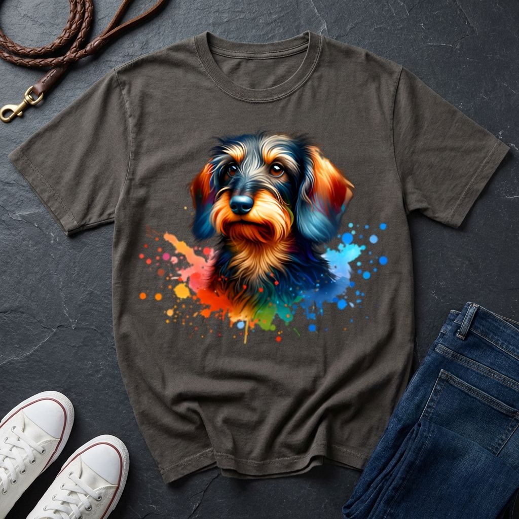 Gray t-shirt with a colorful dog graphic on a dark surface with shoes and jeans.
