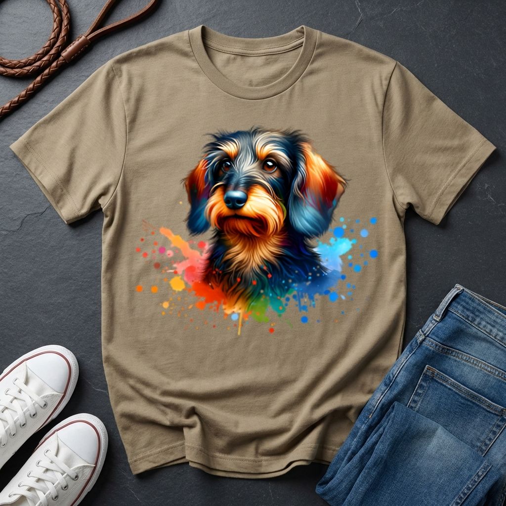 Beige t-shirt with a colorful dog graphic on a dark surface with shoes and jeans.