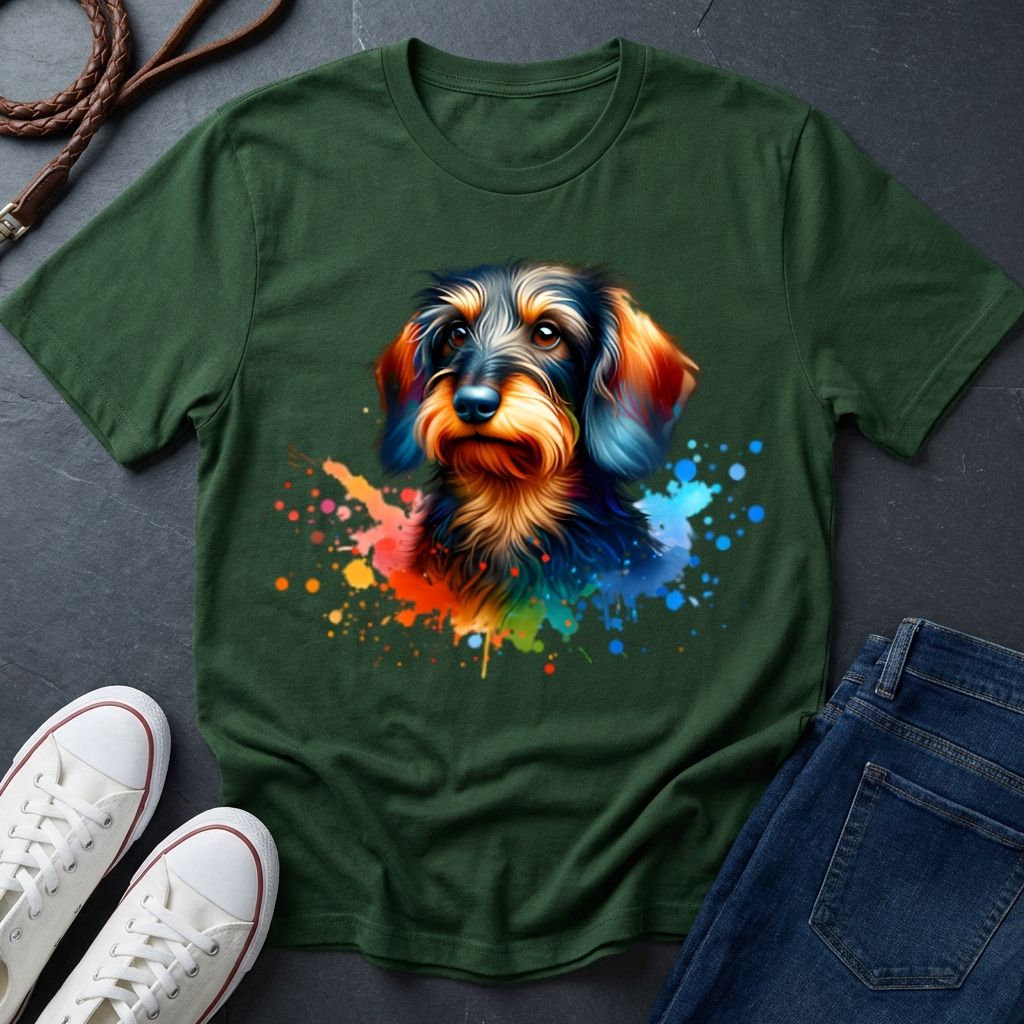 Green t-shirt with a colorful dog graphic on a dark surface with shoes and jeans.