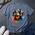 Gray t-shirt with a colorful dog graphic on a dark surface with shoes and jeans.