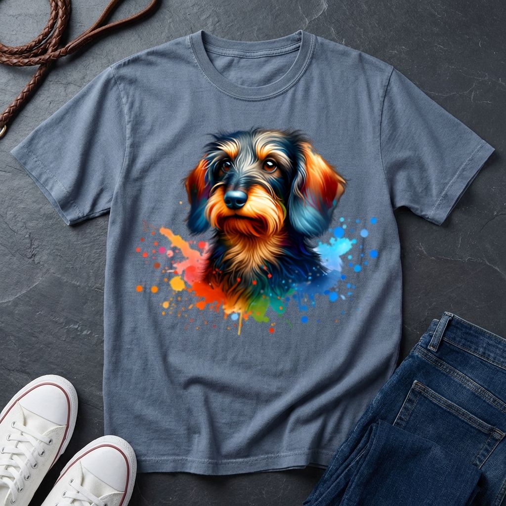 Gray t-shirt with a colorful dog graphic on a dark surface with shoes and jeans.