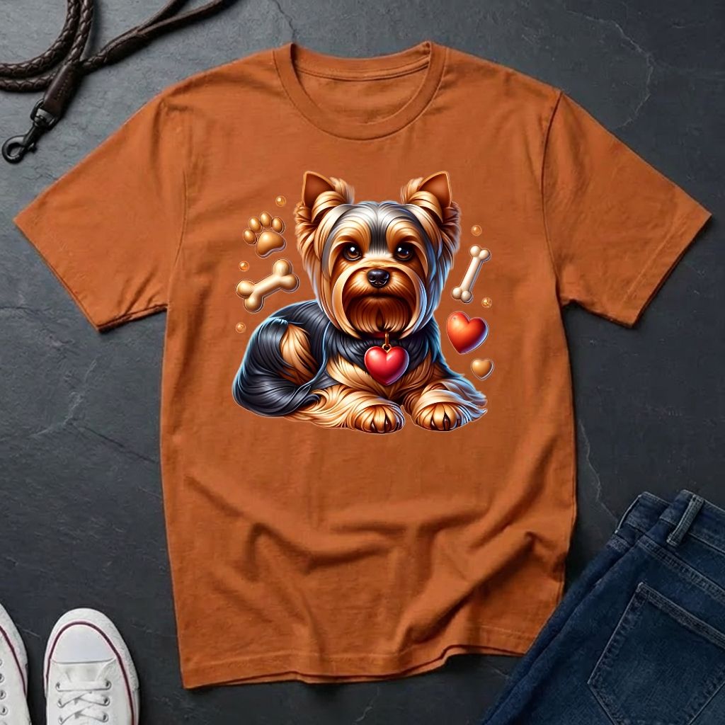 Brown t-shirt with a dog graphic on a dark surface