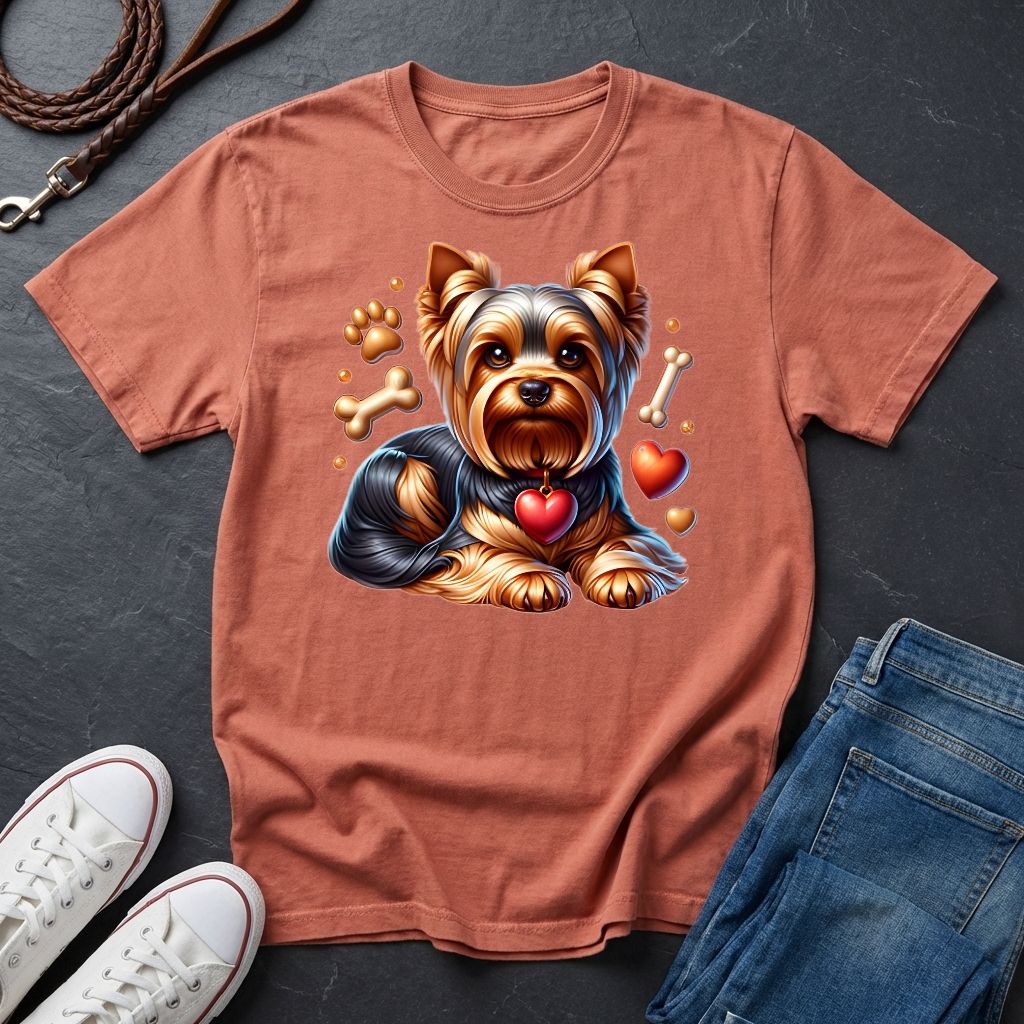 Coral t-shirt with a dog graphic on a dark surface with shoes and jeans.