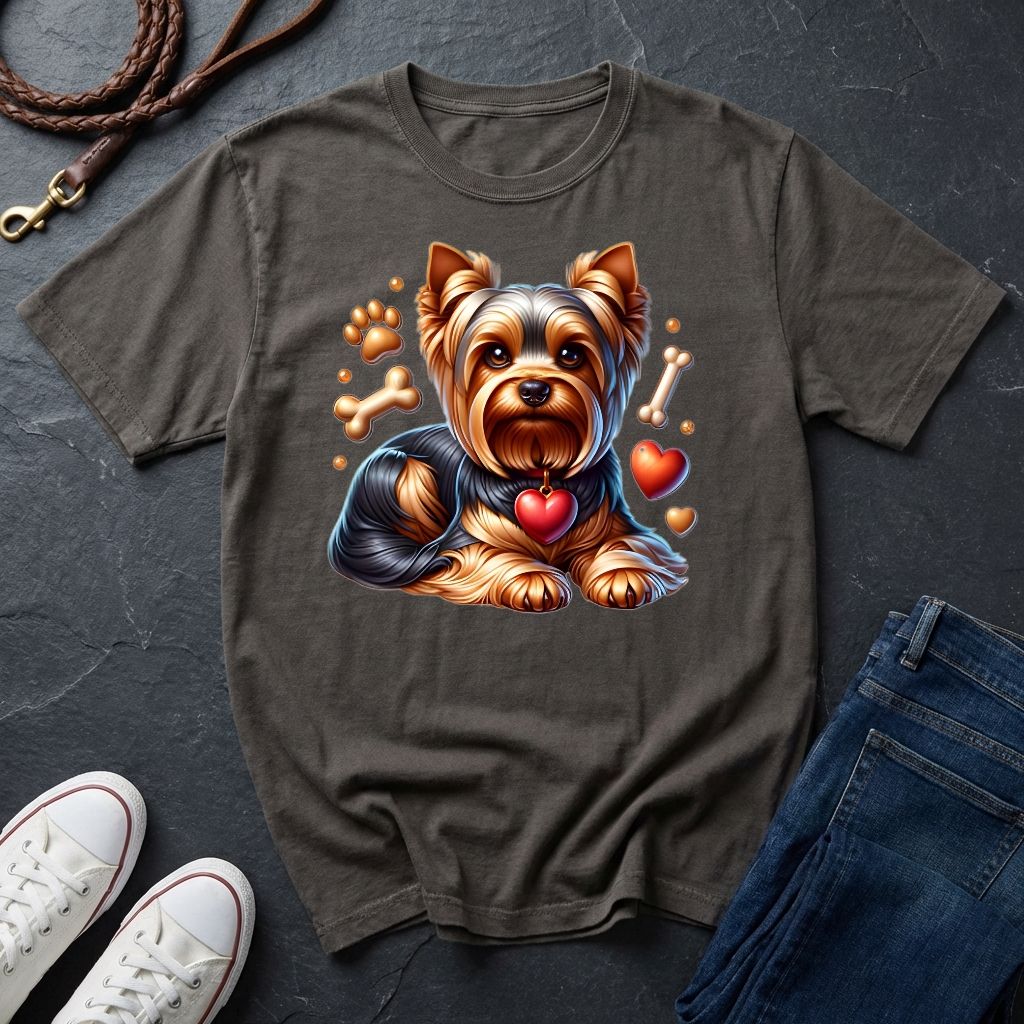 Gray t-shirt with a dog graphic on a dark surface with shoes and jeans.