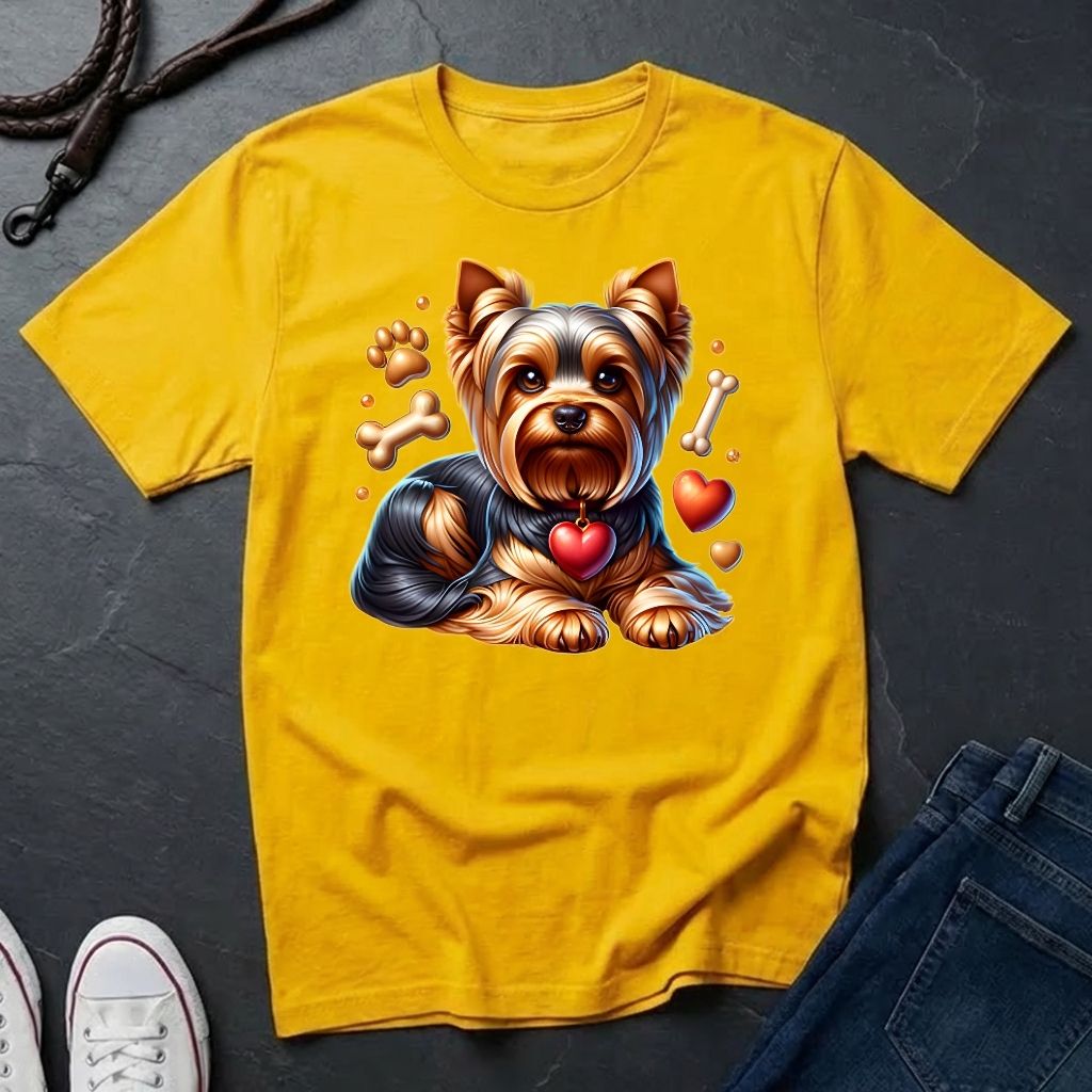 Yellow t-shirt with a dog graphic on a dark surface