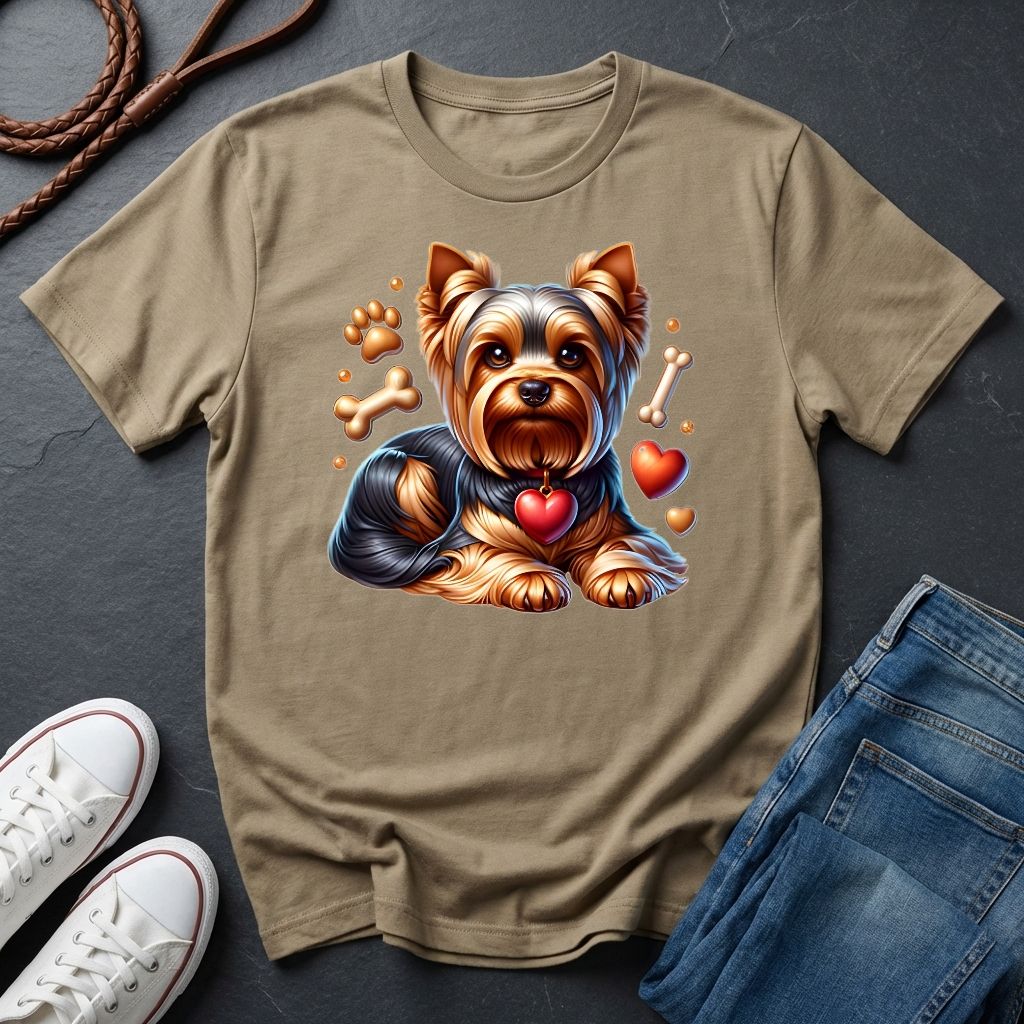 Beige t-shirt with a dog graphic on a dark surface with shoes and jeans.