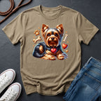 Beige t-shirt with a dog graphic on a dark surface with shoes and jeans.