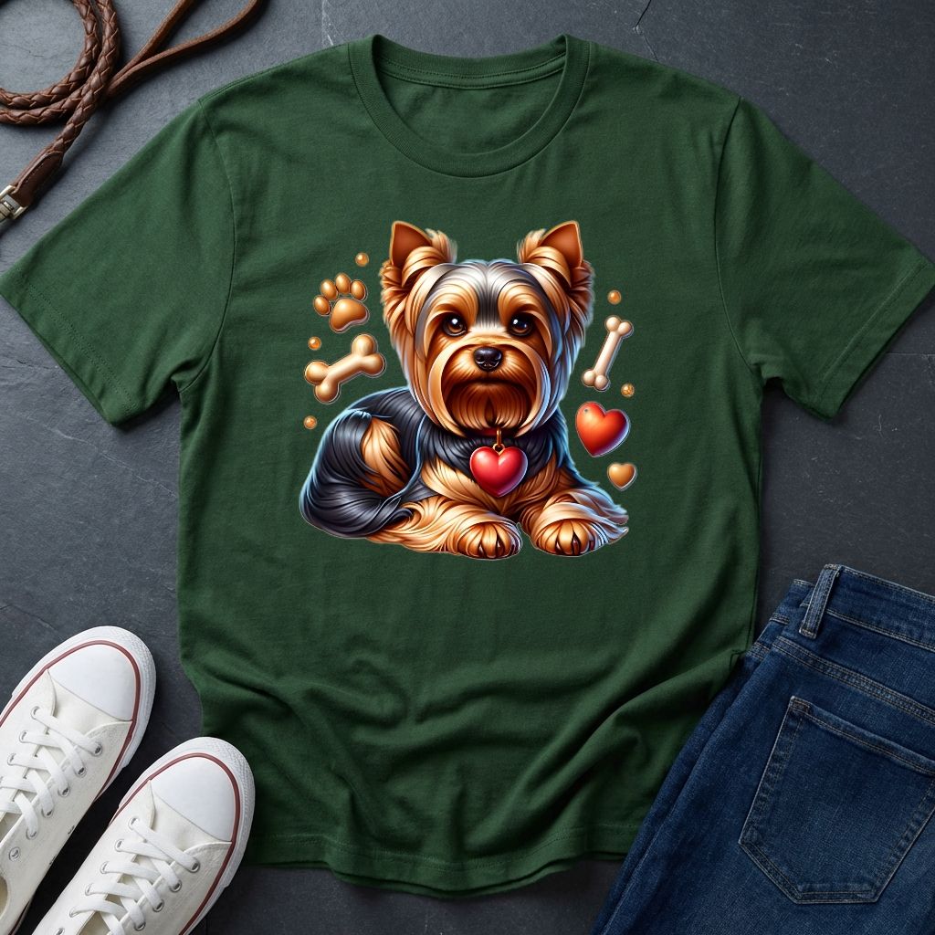 Green t-shirt with a dog graphic on a dark surface with shoes and jeans.