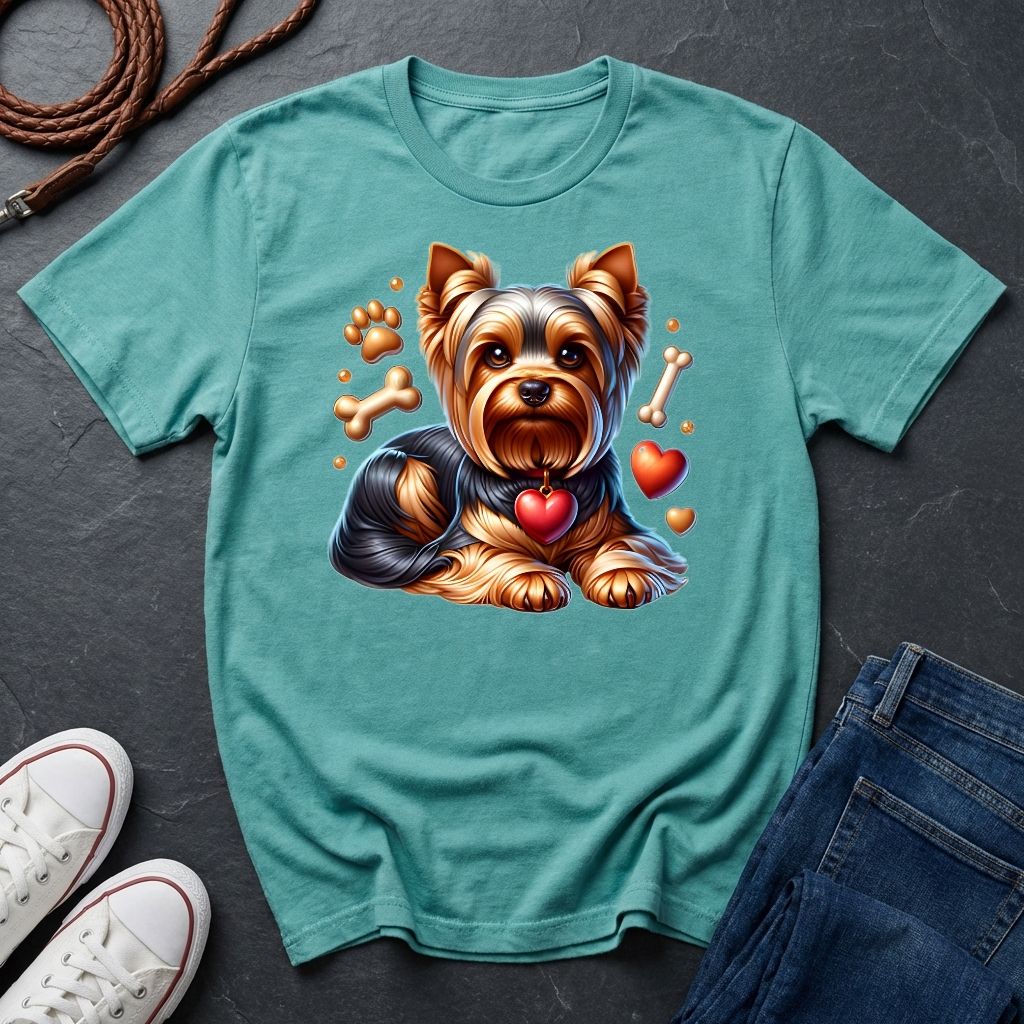 Teal t-shirt with a dog graphic on a dark surface with shoes and jeans.