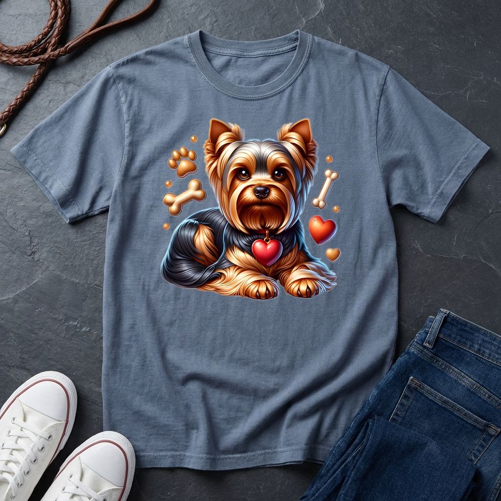 Blue t-shirt with a dog graphic on a dark surface with shoes and jeans.