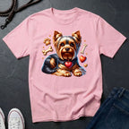Pink t-shirt with a dog graphic on a dark surface