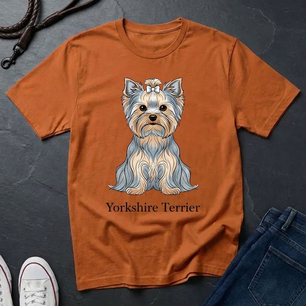 Brown t-shirt with a Yorkshire Terrier graphic on a dark surface