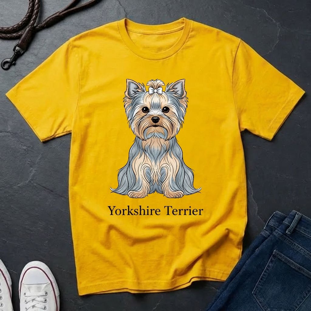 Yellow t-shirt with a Yorkshire Terrier graphic and text on a dark surface.