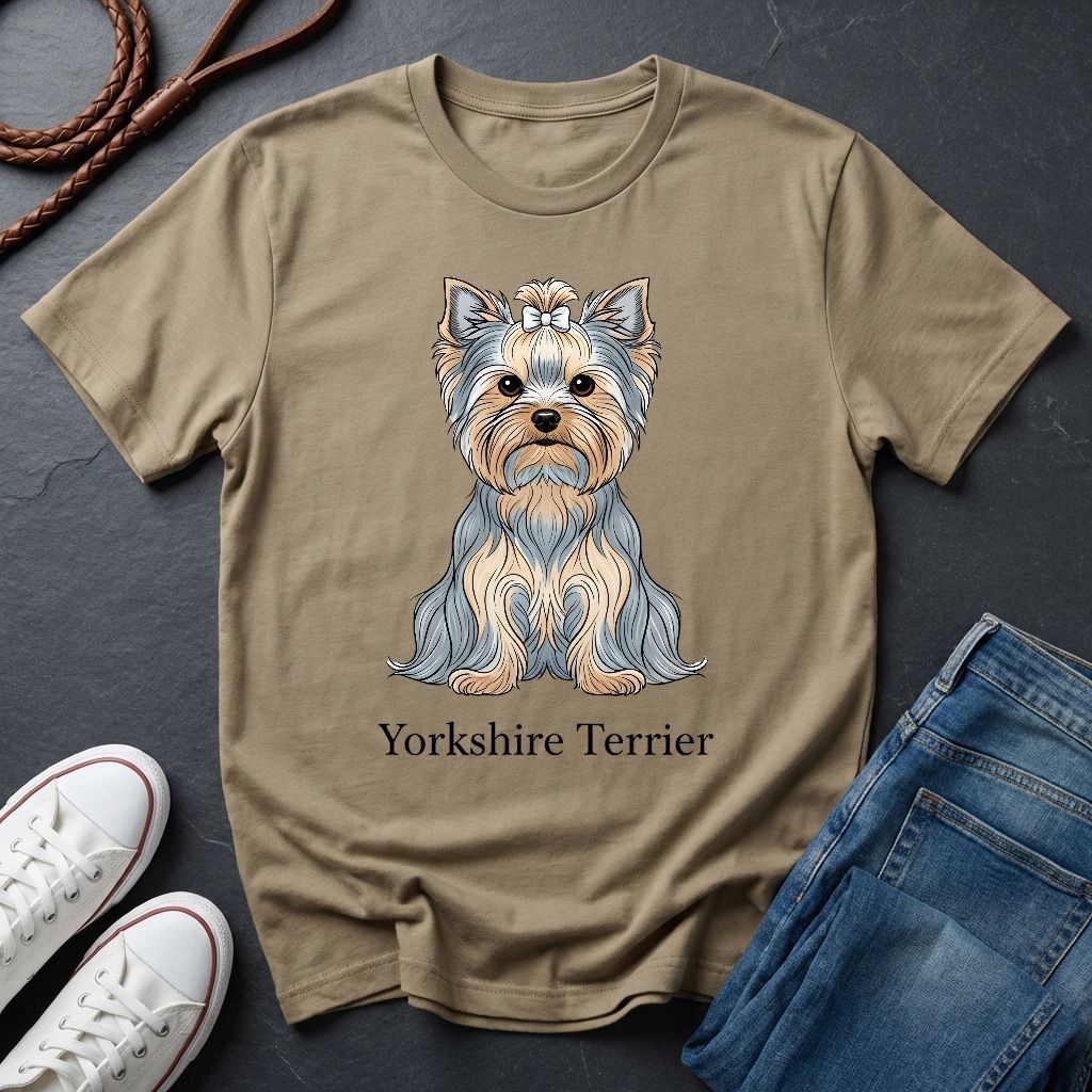 Beige t-shirt with a Yorkshire Terrier graphic and text on a dark surface with shoes and jeans.