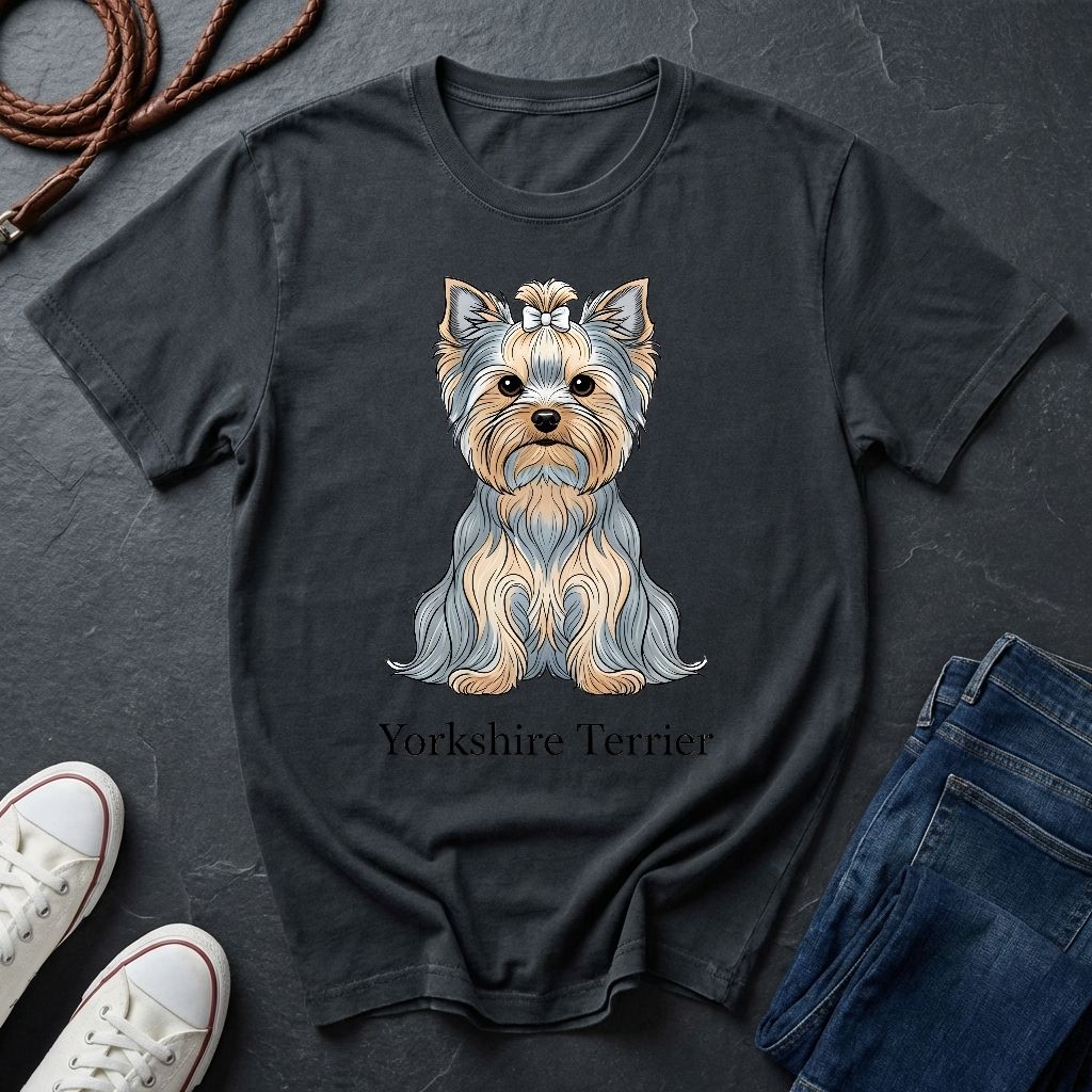 Black t-shirt with a Yorkshire Terrier graphic on a dark surface with shoes and jeans.