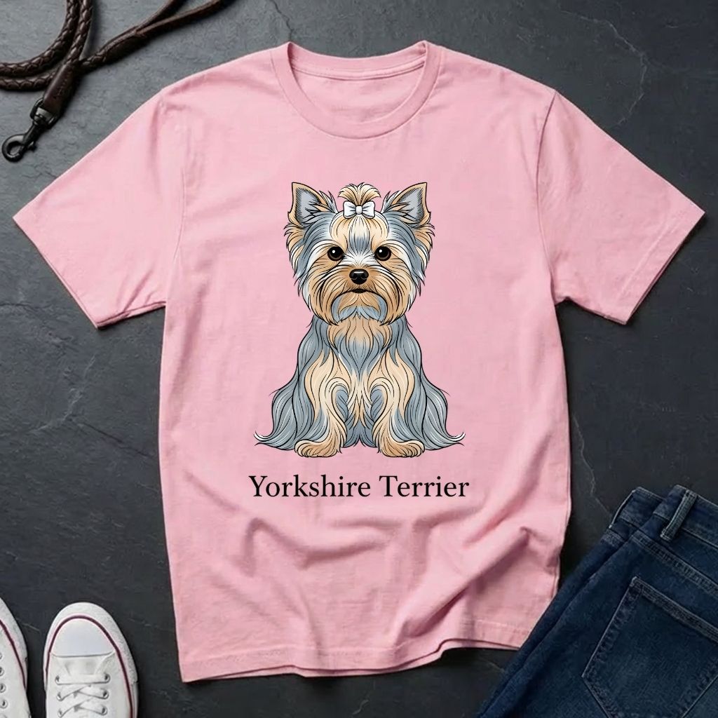 Pink t-shirt with a Yorkshire Terrier graphic and text on a dark surface.