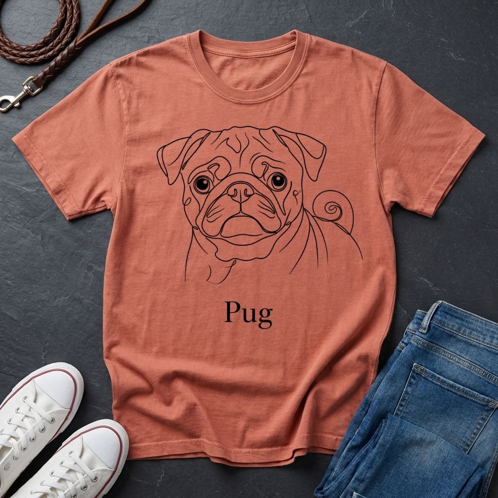 Coral t-shirt with a pug design and 'Pug' text, placed on a dark surface with shoes and jeans.